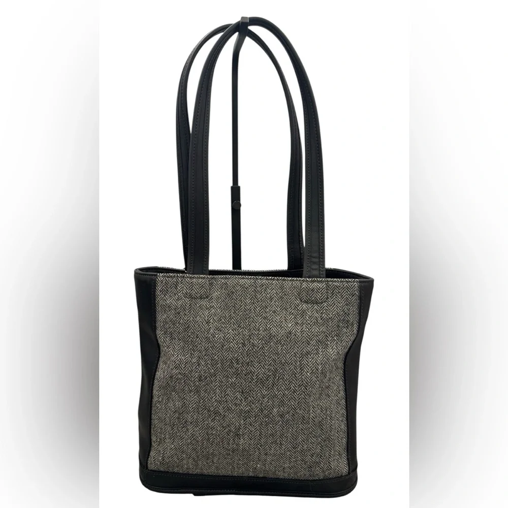 Coach Vintage Y2K 1999 Bleeker Black Leather Gray Tweed Wool Tote Shoulder Bag